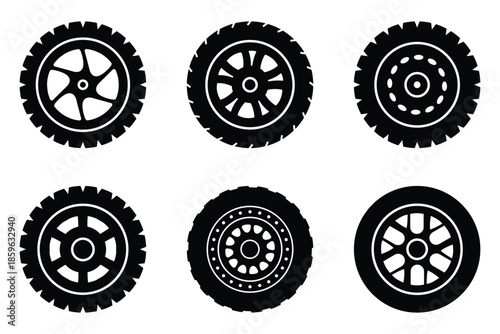 Wheel tires vector icon set design. Set of wheels tire icon, vector silhouette. Black rubber tire symbol. Rubber automobile tires, road maintenance and vehicle parts. 