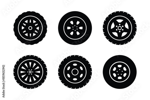 Wheel tires vector icon set design. Set of wheels tire icon, vector silhouette. Black rubber tire symbol. Rubber automobile tires, road maintenance and vehicle parts. 
