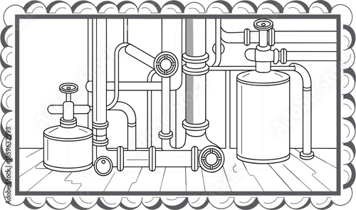 Industrial piping and plumbing system vector, technical sketch of factory pipes and tanks with valves in decorative frame