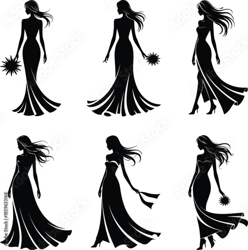 Elegant silhouettes of women in flowing gowns displayed in a six panel composition