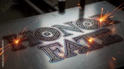 Laser Engraving 'Honor Fate' on Metal Surface with Sparks