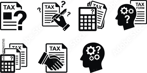 Confused person reviewing complex tax forms illustration