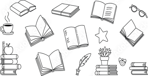 Hand drawn education and reading doodle set vector, collection of open books, stationery, and cozy study icons in black line art