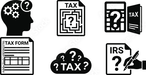 Confused person reviewing complex tax forms illustration