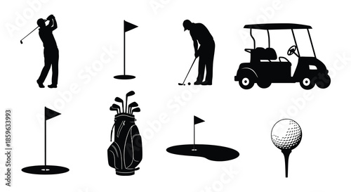 Golf icons set including golfer cart flags ball and golf clubs