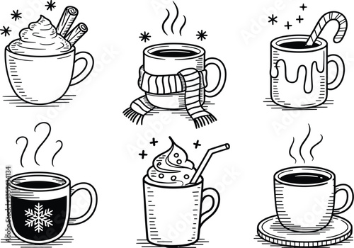 Hot chocolate and cozy winter drinks doodle set, hand drawn vector illustration of steaming coffee mugs with marshmallows and scarfs