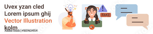 Fake news, misinformation, online education, critical thinking, identity verification, media literacy. Person thinking with light bulb, woman with fake warning and chat bubbles. Fake news