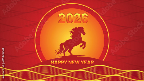 Horse zodiac 2026 lunar new year background with sunset and golden wave pattern vector