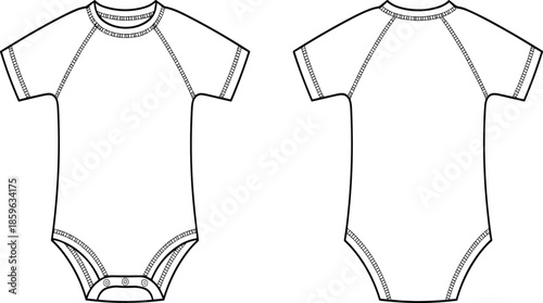 Baby bodysuit technical drawing, infant romper outline, short sleeve onesie apparel, front and back view, fashion flat template