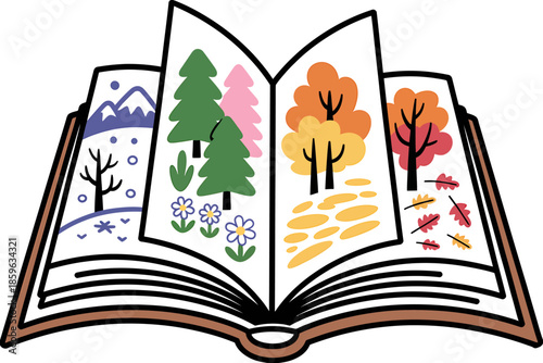 A vibrant open storybook depicting the changing beauty of all four seasons