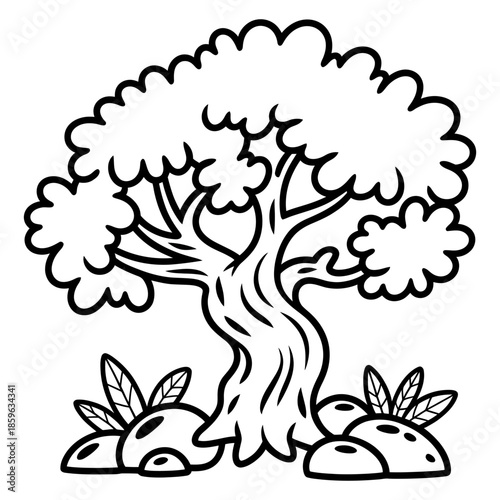 A charming black and white line art illustration of a sturdy tree with lush foliage, perfect for coloring