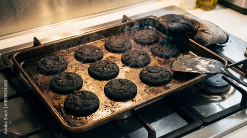 Blackened cookies with rising smoke on a baking tray, showing a cooking mishap or a burnt dessert in a kitchen setting.