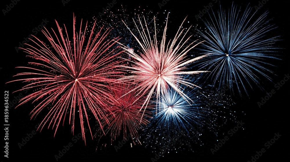 Obraz premium A vibrant display of fireworks bursts in red, white, and blue against a dark sky, creating a festive atmosphere.