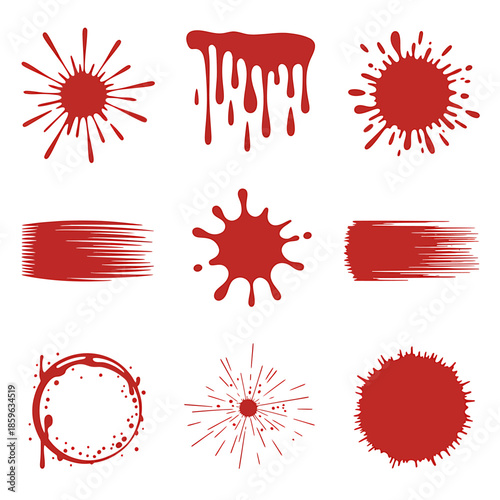 Collection of red blood splatters, drips, and grunge elements for halloween and horror designs