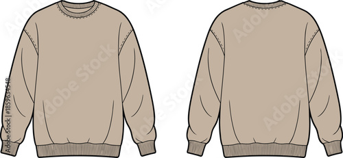 Beige crewneck sweatshirt flat sketch showing front and back views, ribbed cuffs and hem, visible stitching, classic casual unisex garment design