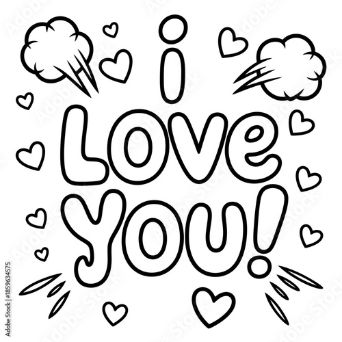 A delightful 'i love you!' coloring page with playful hearts and comic-style elements