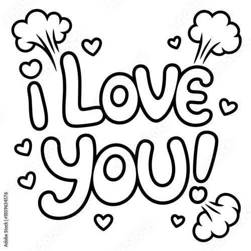 An endearing 'i love you!' message coloring page adorned with sweet hearts and expressive puffs