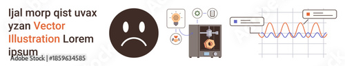 Data analysis, digital tools, 3D printing, emotions, workflow optimization, design technology. Sad face symbol, 3D printer and data graph. Data analysis and 3D printing technology concept