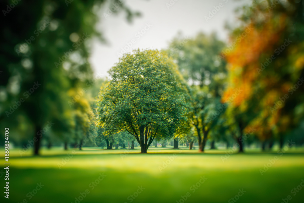 Fototapeta premium Serene park landscape with lush green trees and soft sunlight casting gentle shadows on a vibrant grassy field creating a peaceful natural atmosphere
