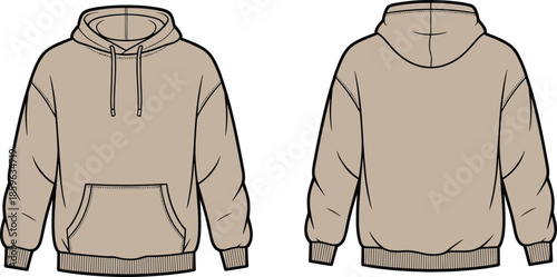 Beige hooded sweatshirt flat sketch showing front and back views, drawstring hood, kangaroo pocket, ribbed cuffs, hem, visible stitching details