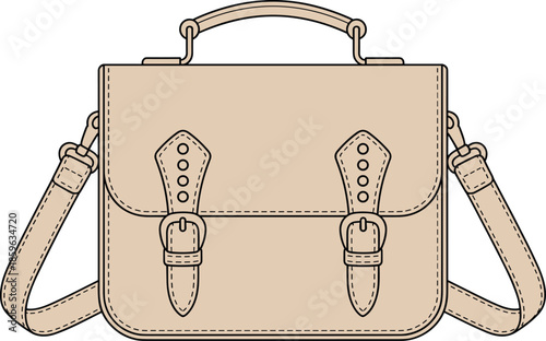 Beige leather satchel bag with buckle closures, top handle and adjustable shoulder straps, detailed stitching, classic functional accessory for style