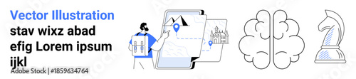 Map and navigation, design ideas, innovation, mental processes, thought leadership, strategic planning. A person points to a digital map, brain and chess icons . Navigation and innovation concept