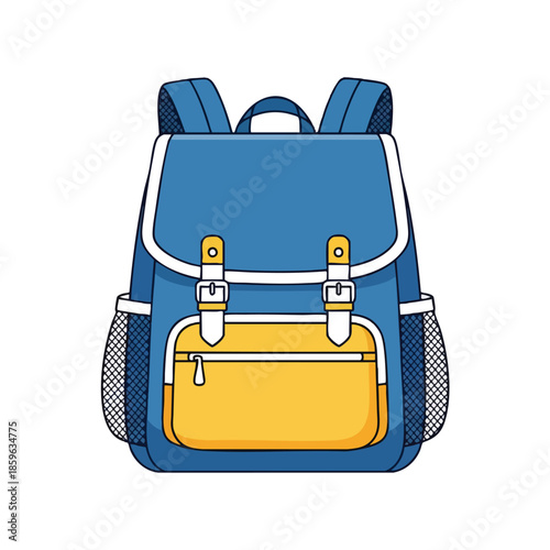 A vector illustration of a blue and yellow backpack with multiple compartments