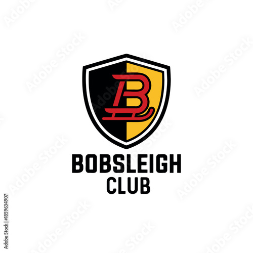 Minimalist bobsleigh club crest logo with modern shield and letter mark design.