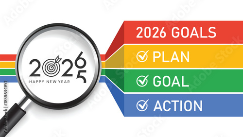 Dynamic 2026 Goals infographic with magnifying glass focusing on "2026", colorful roadmap ribbon featuring Plan, Goal, Action checkboxes. Perfect for new year planning, business strategy.