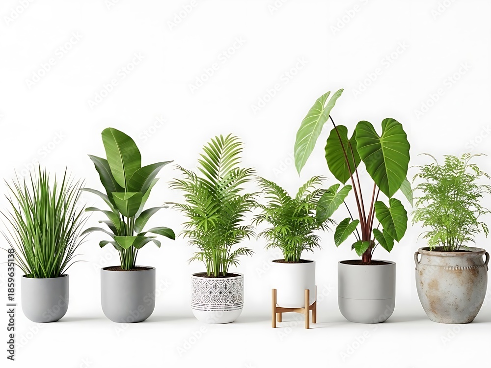 Fototapeta premium Five potted plants in different containers against white background indoor plants