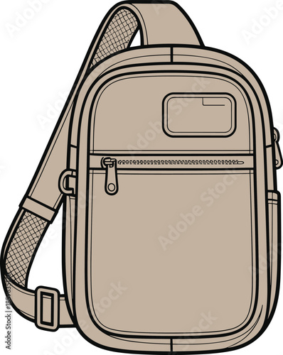 Beige sling backpack, ergonomic single-strap crossbody bag, zippered front pocket, vertical side zipper, mesh-padded strap, compact travel accessory, unisex durable