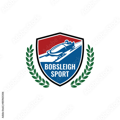 Bobsleigh sport logo with laurel wreath symbolizing victory and championship achievement.