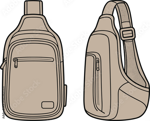 Beige sling backpack, ergonomic single-strap design, zippered compartments, mesh-padded shoulder, compact travel bag, urban casual, durable material, lightweight everyday unisex