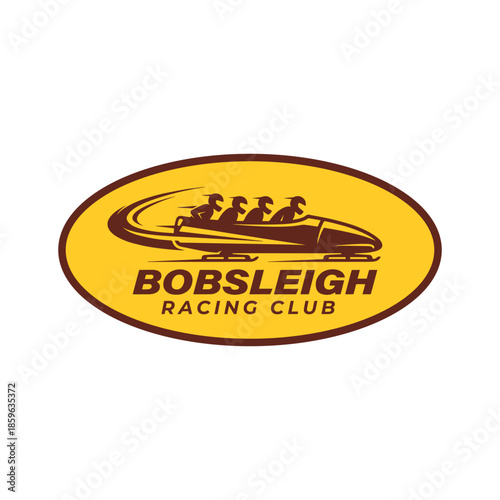 Retro oval bobsleigh racing club logo emphasizing speed, teamwork, and winter competition.