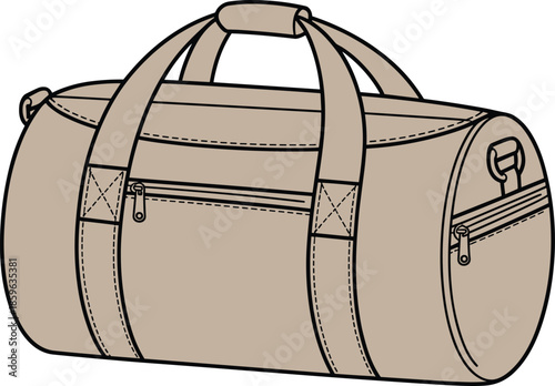Beige travel duffel bag illustration with shoulder strap, zipper pockets, modern luggage design isolated on white background vector flat style