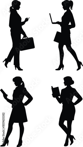 Silhouettes of four women in professional attire engaged in various activities
