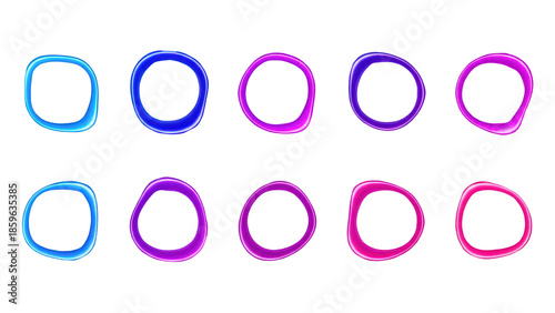 Shiny 3d abstract circular liquid shapes in blue purple and pink colors isolated set
