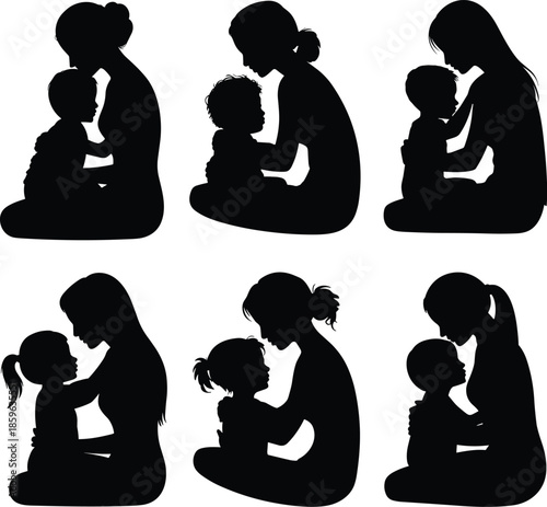 Silhouettes of mothers embracing and holding their young children in tender moments