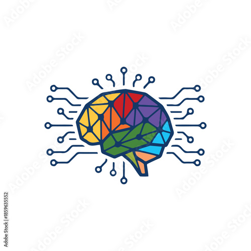 Artificial intelligence brain logo with colorful digital circuits symbolizing neural networks and innovation.