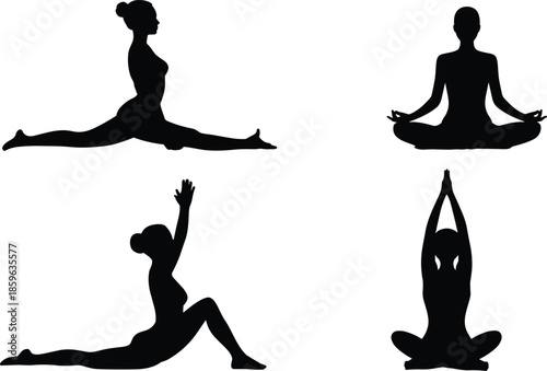 Silhouettes of four women performing different yoga poses against a white background