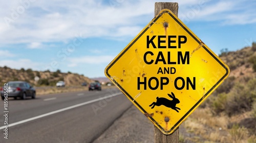 Wallpaper Mural Keep calm and hop on sign on a desert highway. Motivational quote for travel, Easter, or life encouragement. Torontodigital.ca