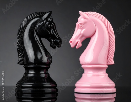 Two chess knights, black and pink, facing each other