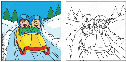 Coloring book page for kids with two happy children sledding on a winter snowy hill vector illustration