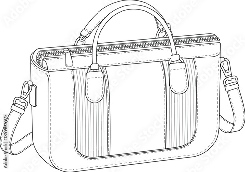 Black and white handbag line drawing with zippered top, dual handles, detachable shoulder strap, pleated panels, detailed stitching, product design
