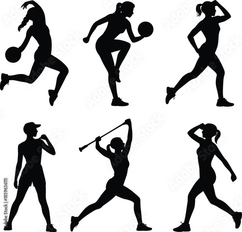 Silhouettes of women athletes in dynamic poses demonstrating various sports actions