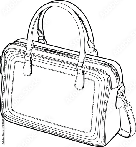 Black and white handbag technical illustration with dual handles, adjustable shoulder strap, top zipper pocket, vertical stitching, detailed product design