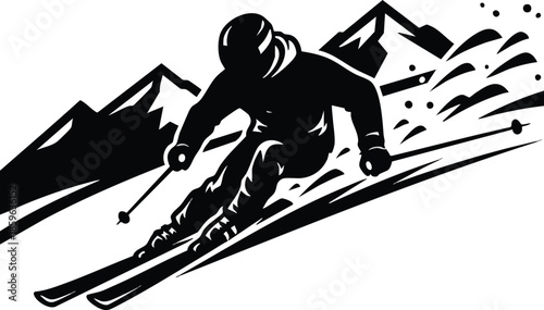 Monochrome ski graphic. Skier carving down mountain. Winter sports concept.