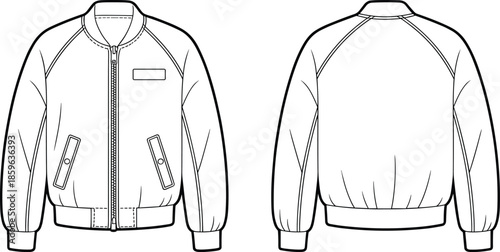 Bomber jacket technical drawing, zip front outerwear illustration, front and back view, fashion flat sketch, apparel design template