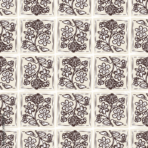 Hand drawn bold floral bloom lino cut style seamless pattern background. Flat vector stylish design wildflower motif Patchwork block print. Rustic neutral organic feel for fabric textile linen look