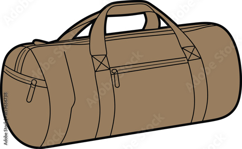 Brown travel duffel bag illustration, with zipper pockets shoulder handles modern luggage design isolated white background vector style flat minimal